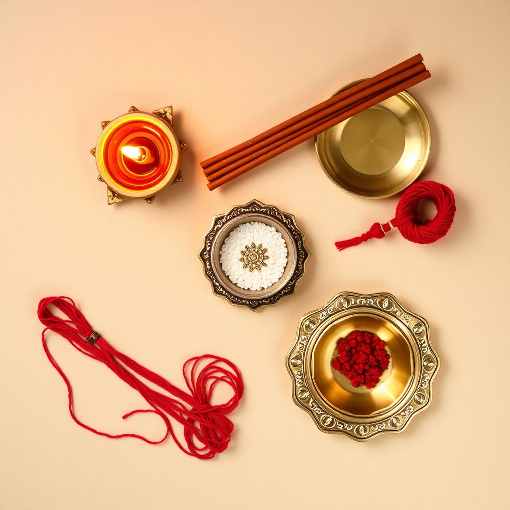 Complete pooja kit with diya, agarbatti, kumkum, mauli and brass thali